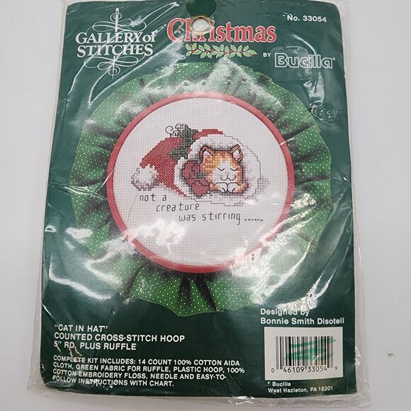 Vintage 90s Needlepoint Cross Stitch Kit Cat in Hat Christmas Gallery of Stitch - Picture 1 of 6